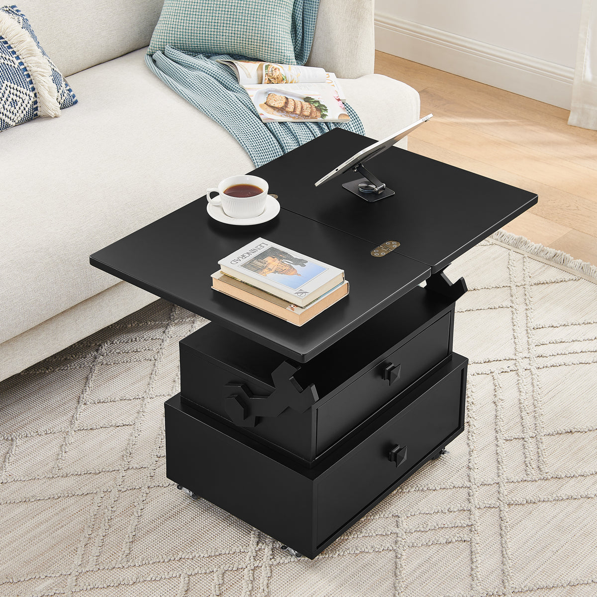 Black Adjustable Lift-Top Side Table with Charging Station and Drawers