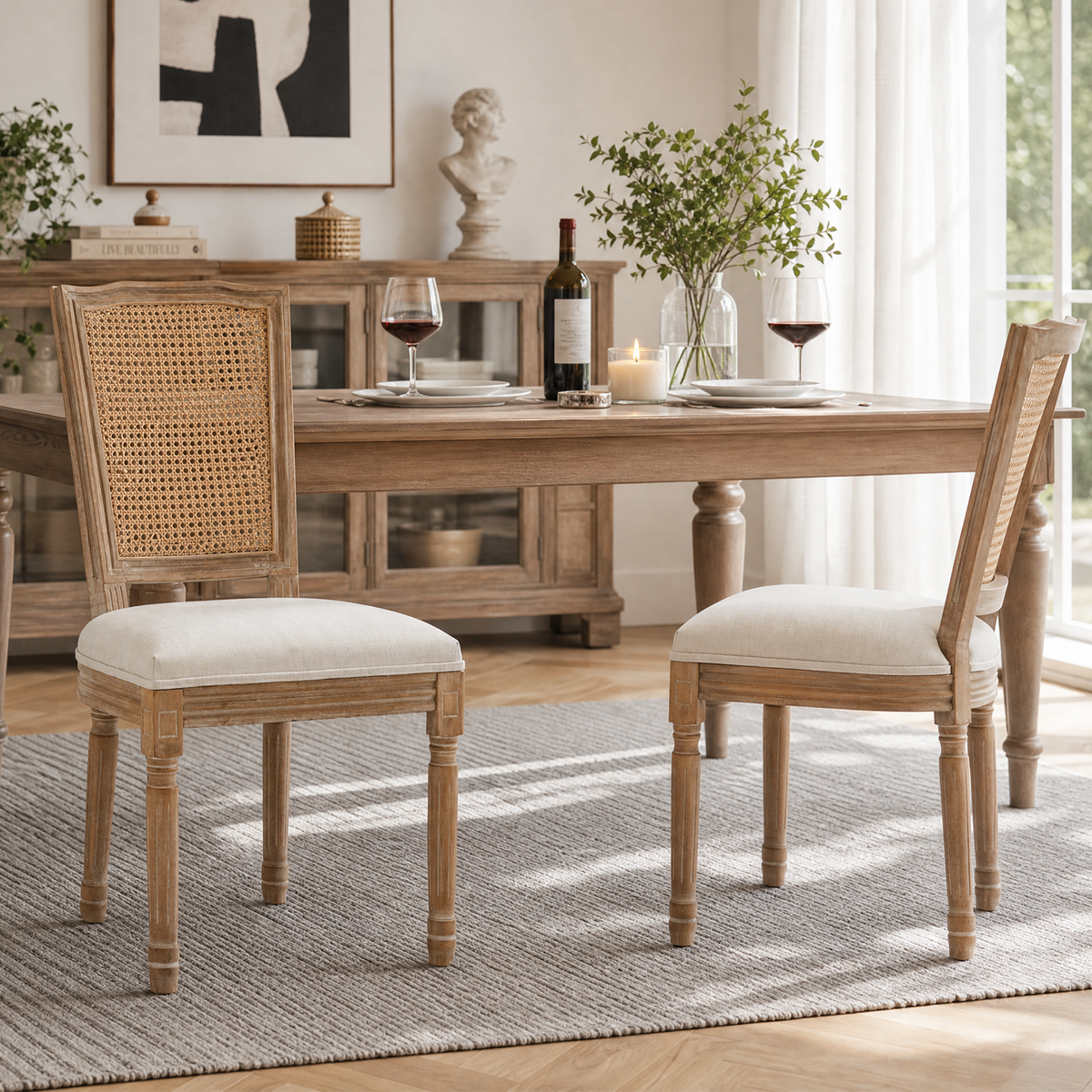 French Country Square Cane Back Dining Chair, Set of 2, Beige