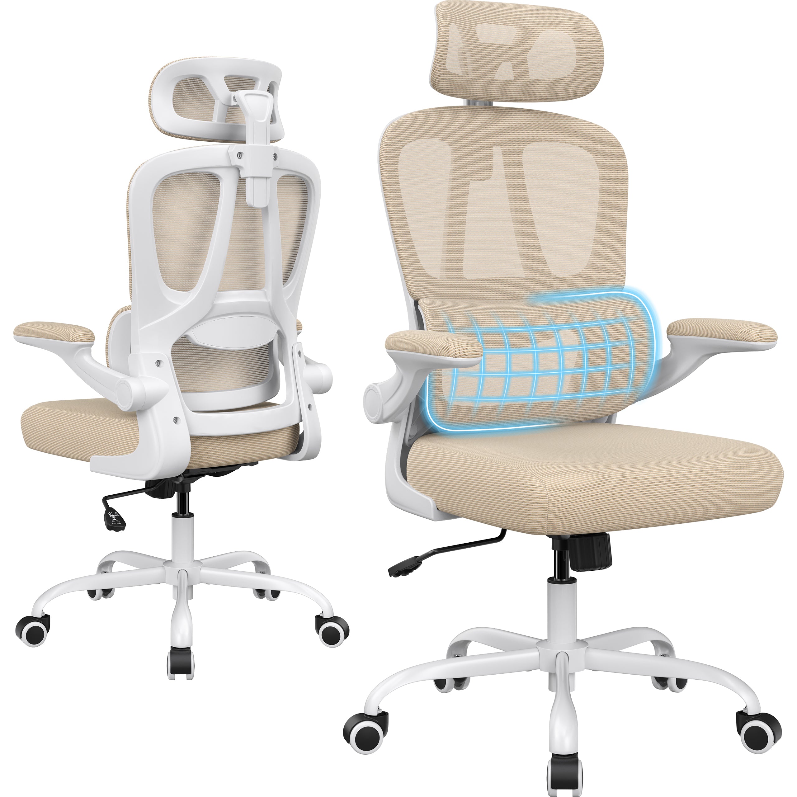 Khaki Mesh Office Chair, Lumbar Support, 45 in Tall