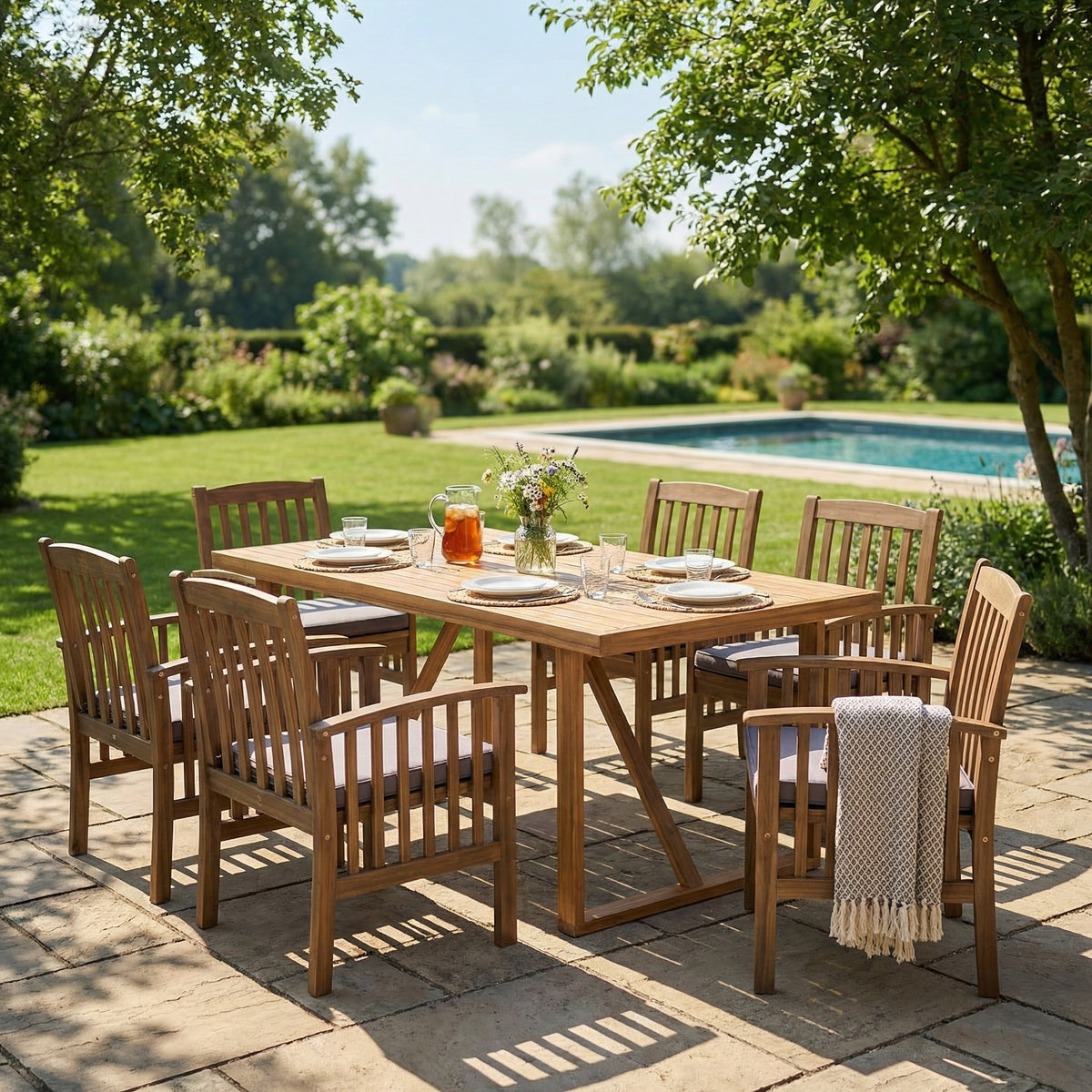 Solid Wood 7-Piece Patio Dining Set for 6 with Cushions