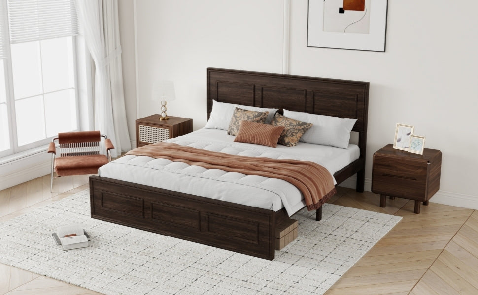 Cropped angled view of rich brown queen bed footboard with rust bedding and nightstand #Color_Rich Brown