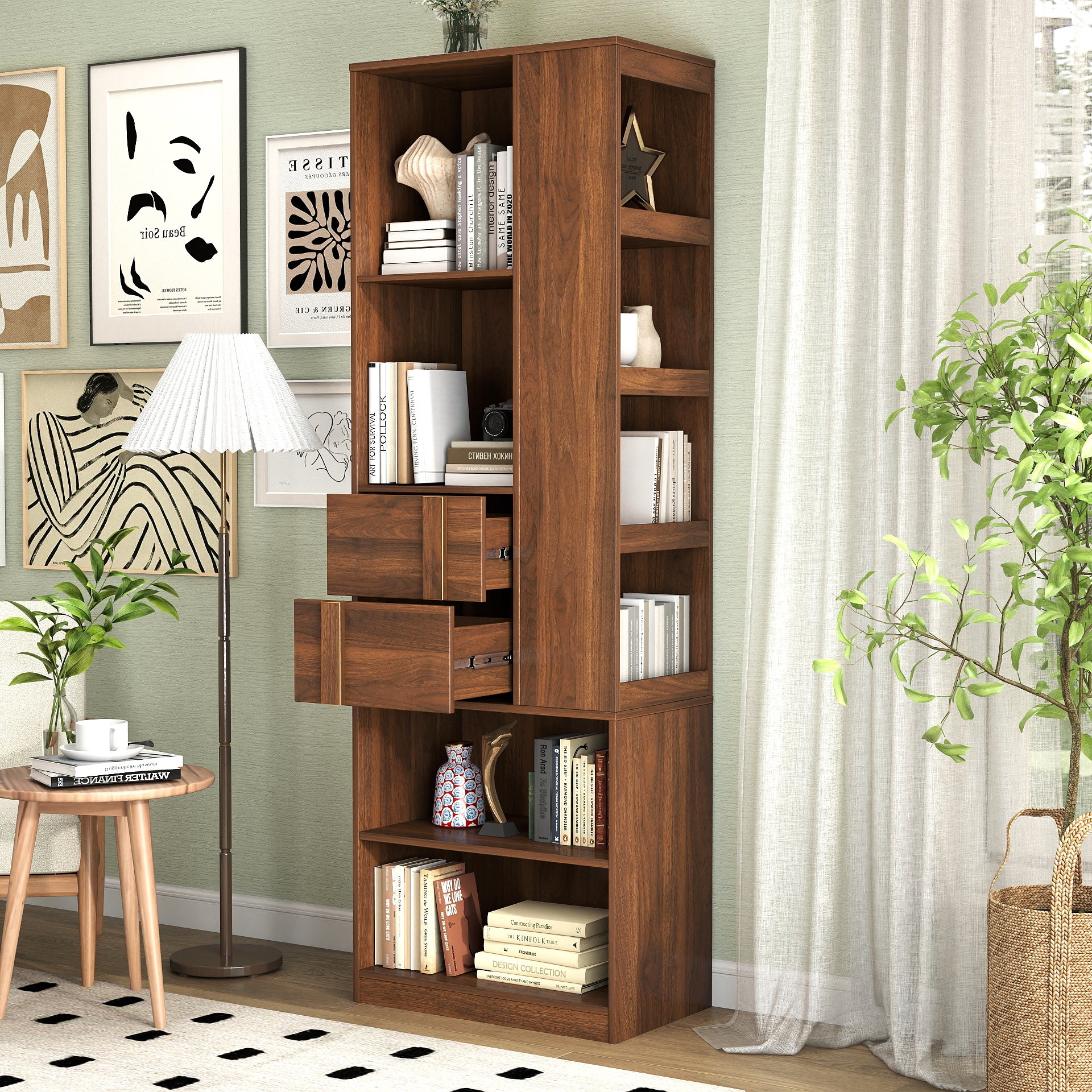Storage Cabinet, Fluted Doors, 4 Tiers, 70.9 in Tall, Walnut