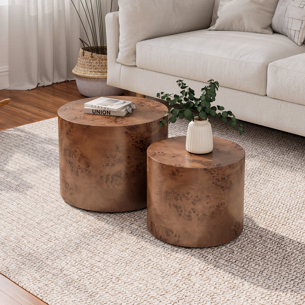 Brown Burl Wood Round Drum Nesting Tables, Set of 2, 18.9 in