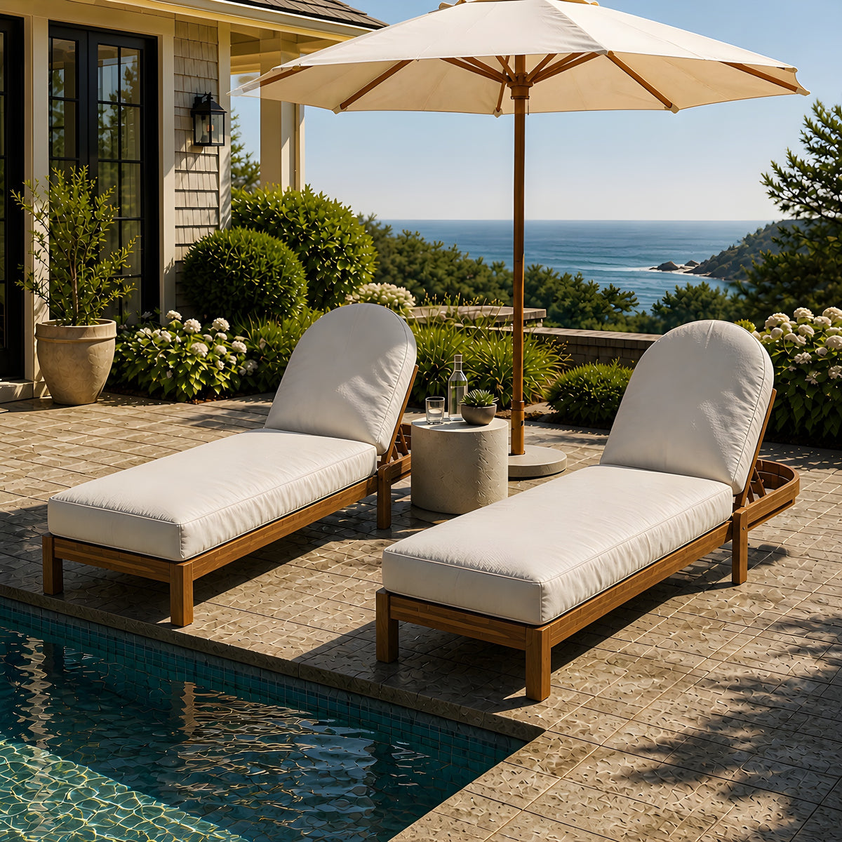 Teak Finish Solid Wood Adjustable Outdoor Chaise Lounge, Set of 2, Beige Cushion