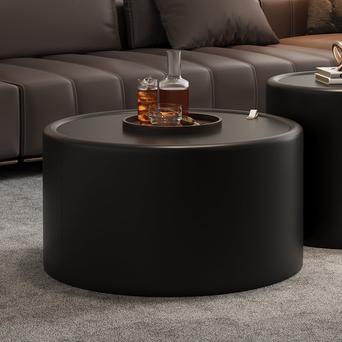 Black Faux Leather Round Drum Coffee Table with Storage, 27.6 in