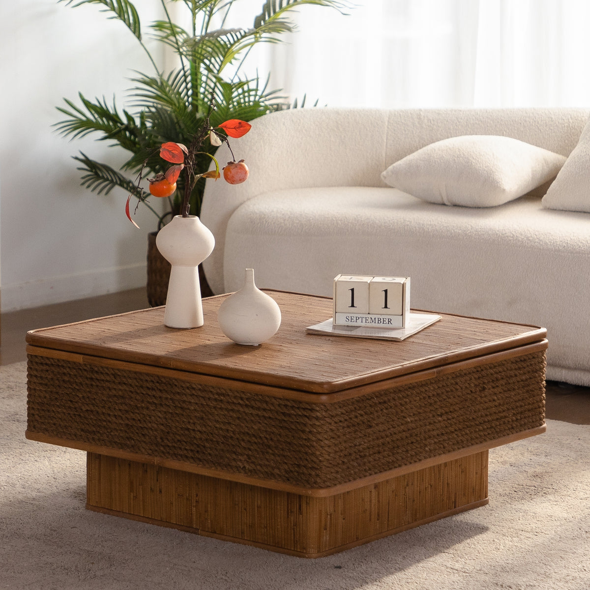 Natural Rattan Square Lift-Top Coffee Table with Storage, 31.5 in