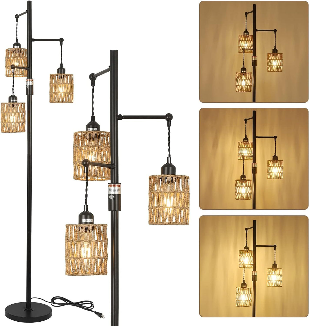 Floor Lamp with Rattan Shade, 3-Light Metal Base, Brown and Black