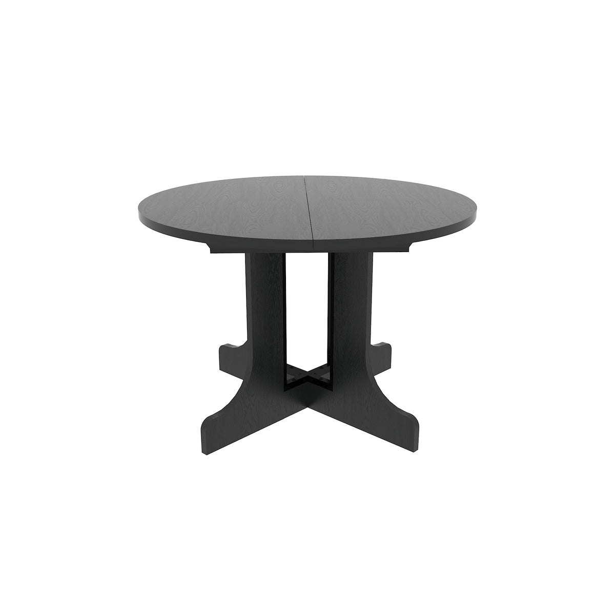 Front view of the round black dining table with pedestal base on a white background