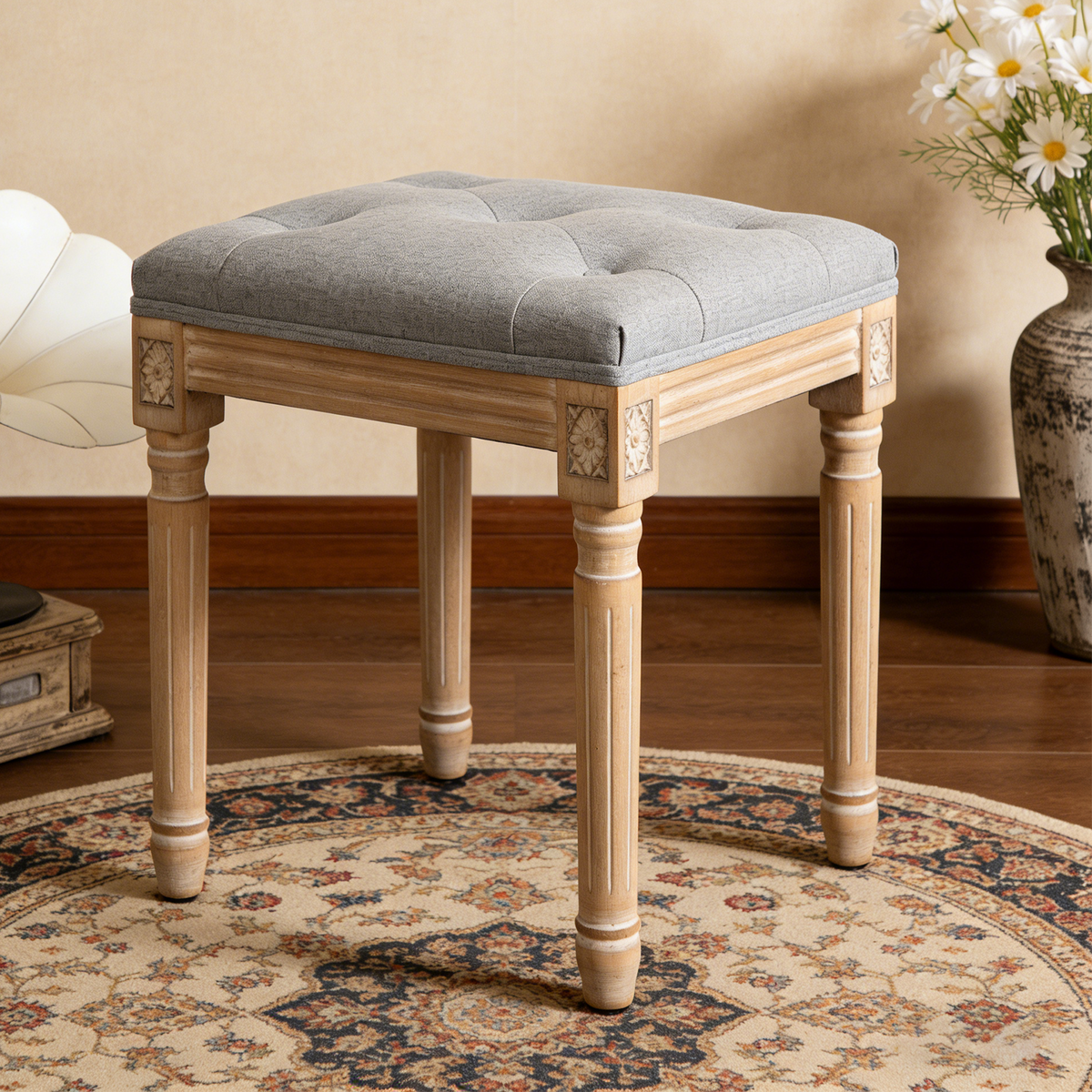 Tufted Gray Linen Vanity Stool, Solid Wood Legs