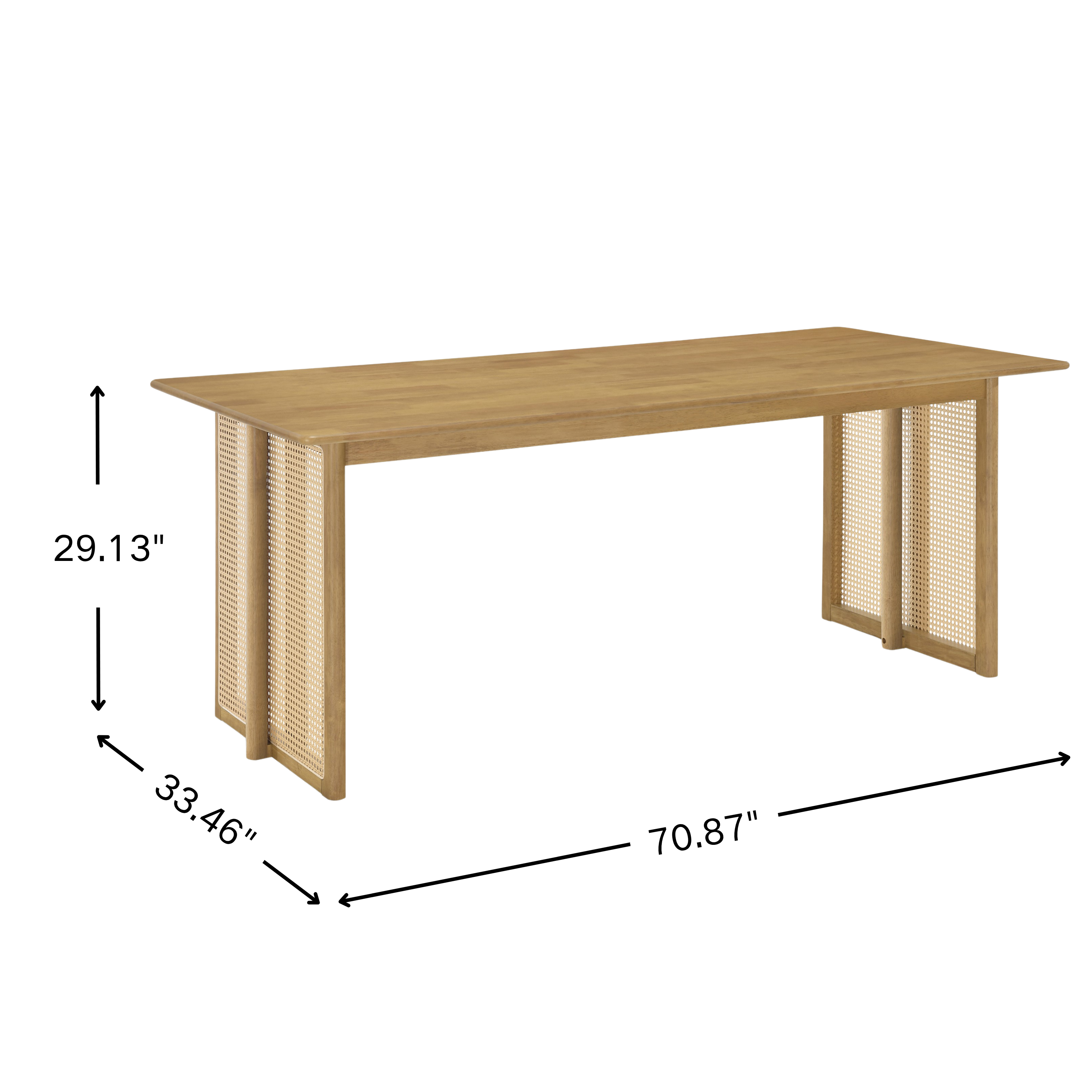 Dimension diagram of the solid wood dining table showing 70.87 in width, 33.46 in depth, 29.13 in height