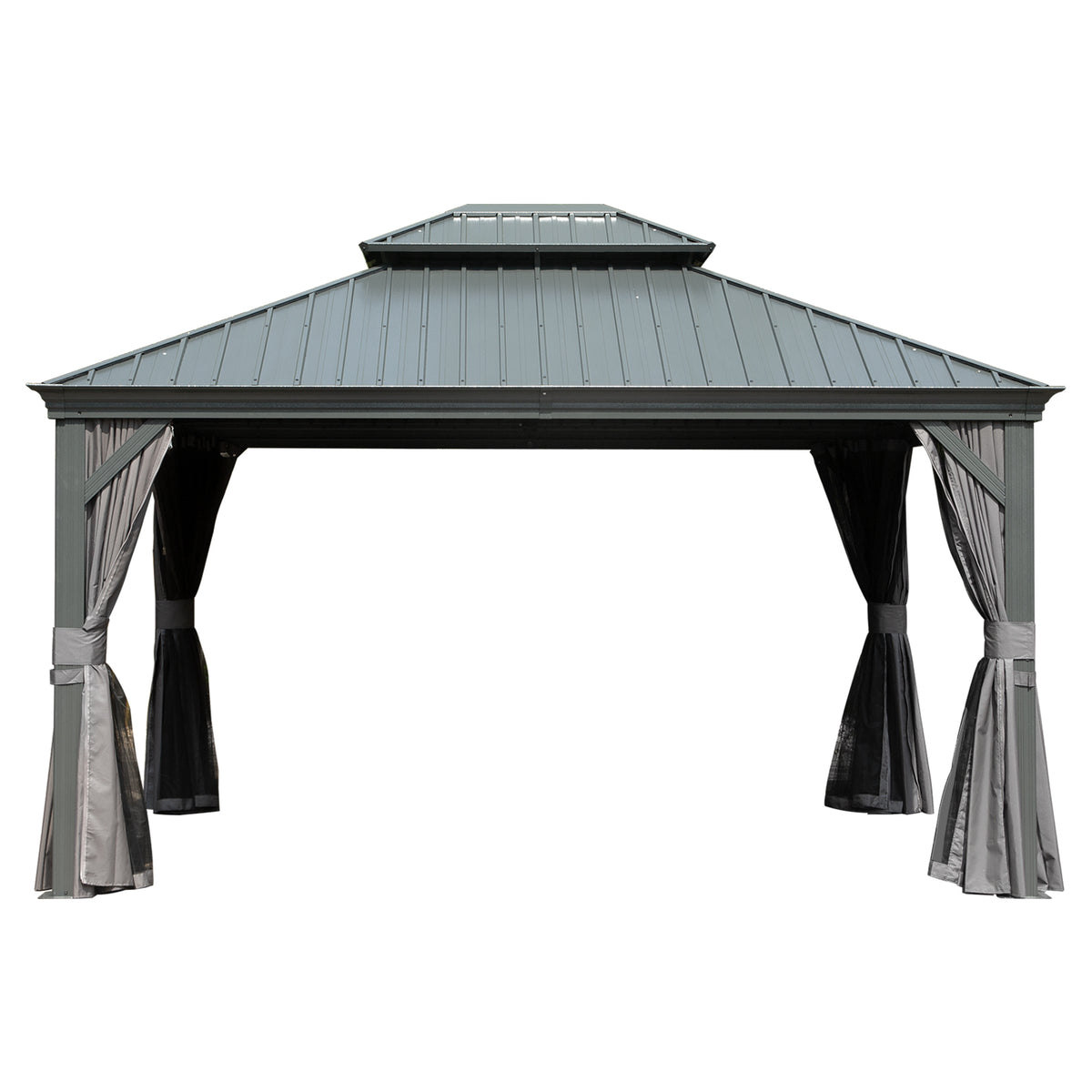 10x14 ft Gray Aluminum Double Roof Hardtop Gazebo with Netting and Curtains