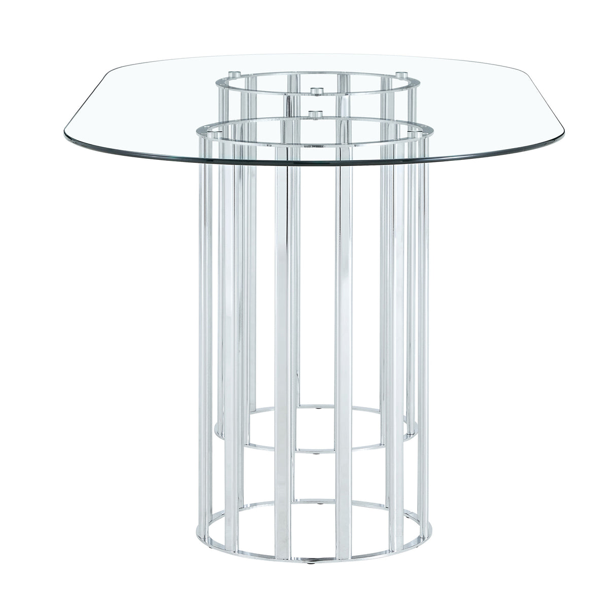 Angled studio view of the glass dining table showing its rounded top and silver column base.