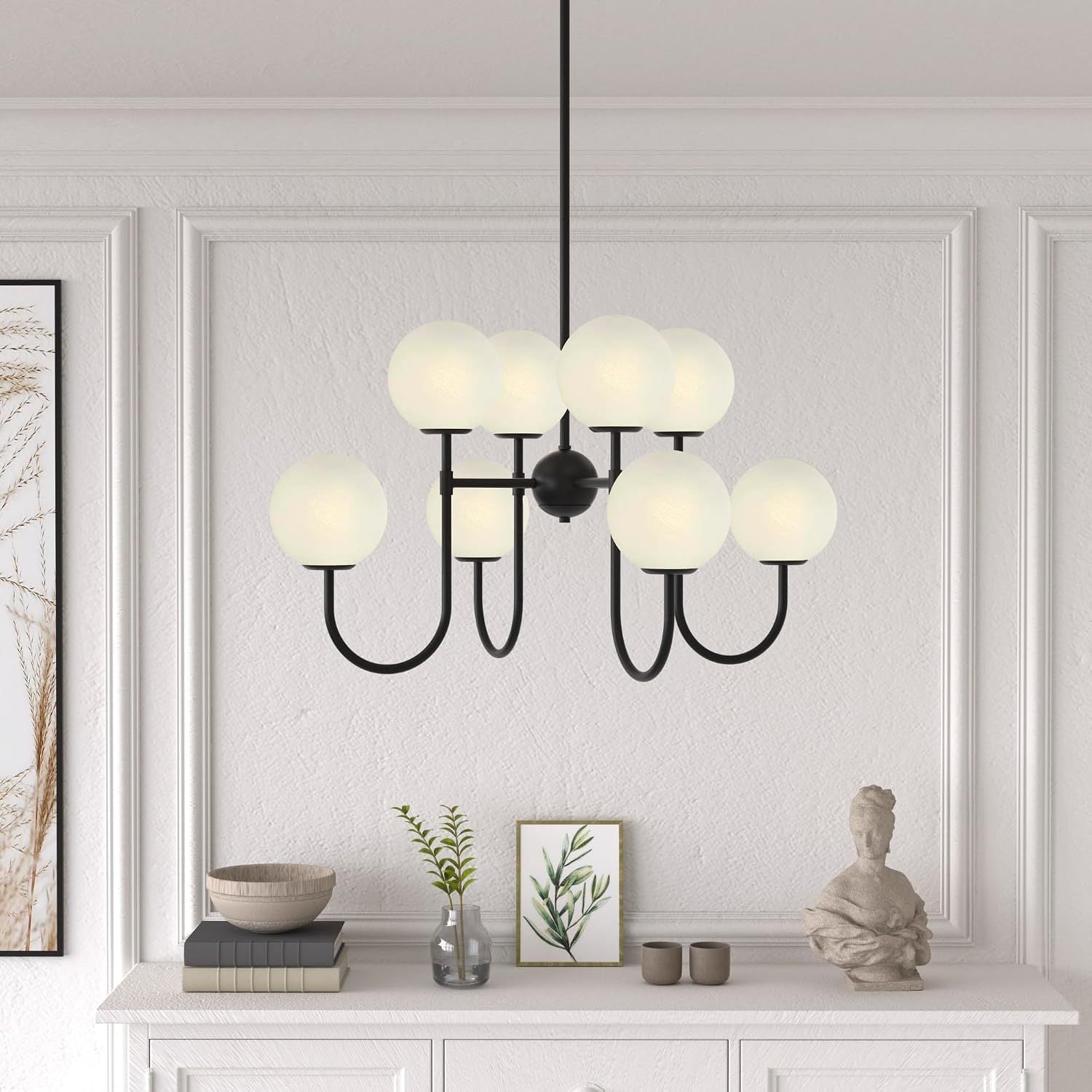 Mid-Century 8-Light Dusk-to-Dawn Chandelier, 32 in, Glass and Metal