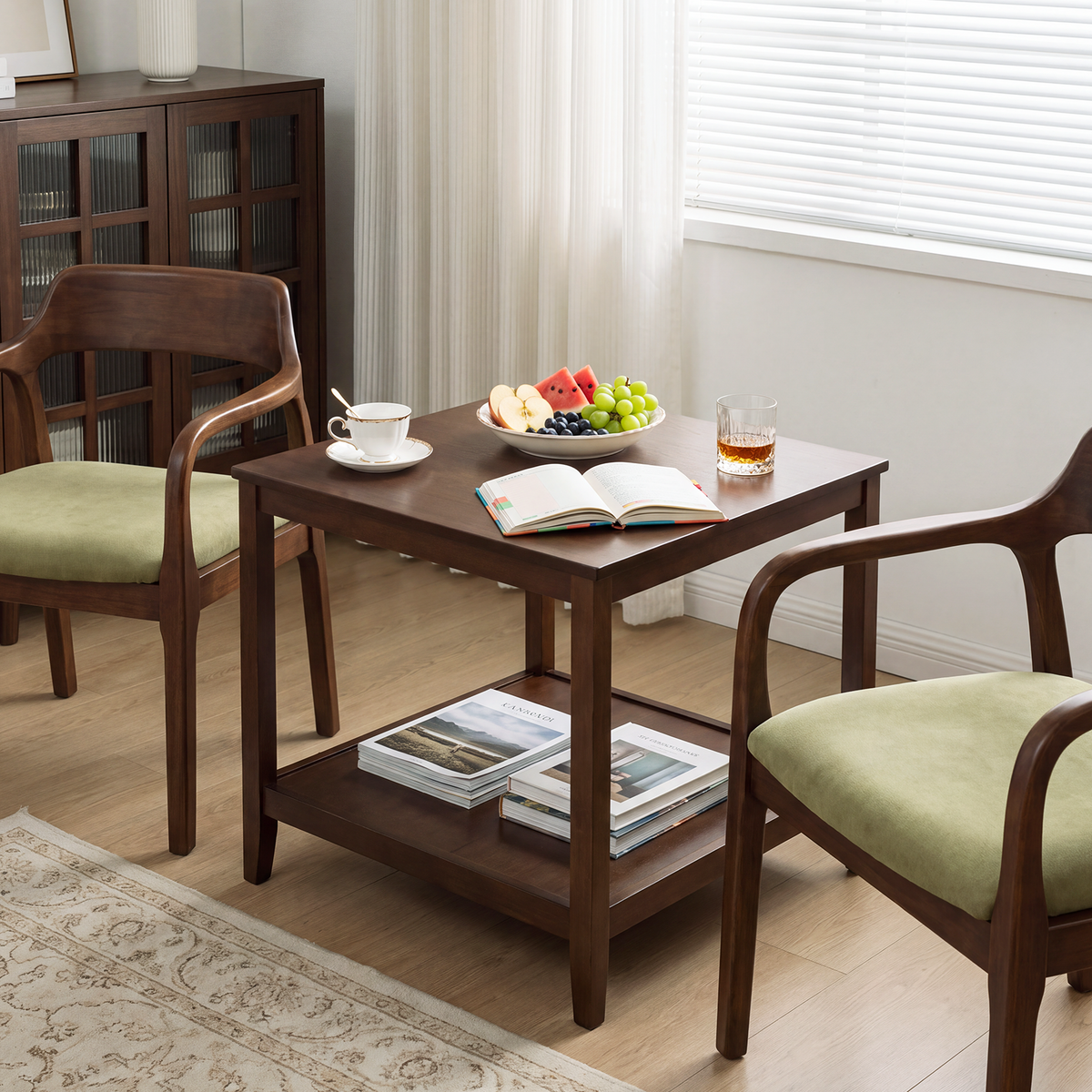 Walnut Solid Wood Square Two-Tier Side Table, 23.6 in