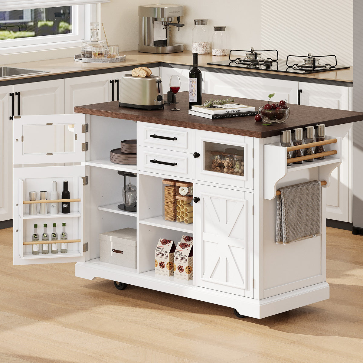 Kitchen Island with Glass Barn Door, White, Drop-Leaf 4-Door
