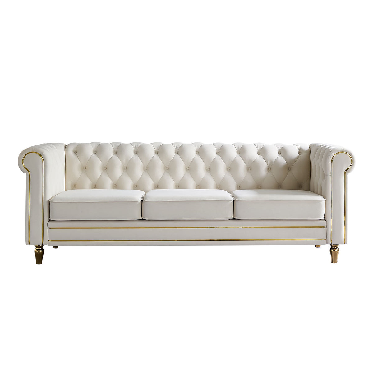 Beige Velvet 3-Seat Tufted Chesterfield Sofa, 84.7 in Wide