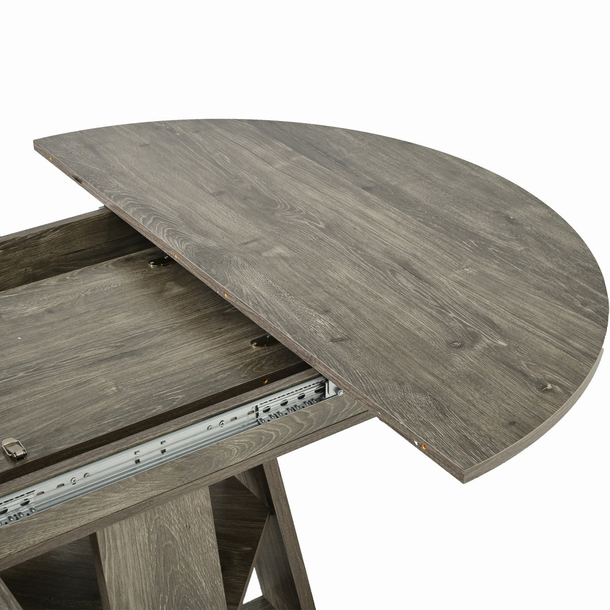 Studio view of the tabletop slid open to reveal the metal extension rail and latch