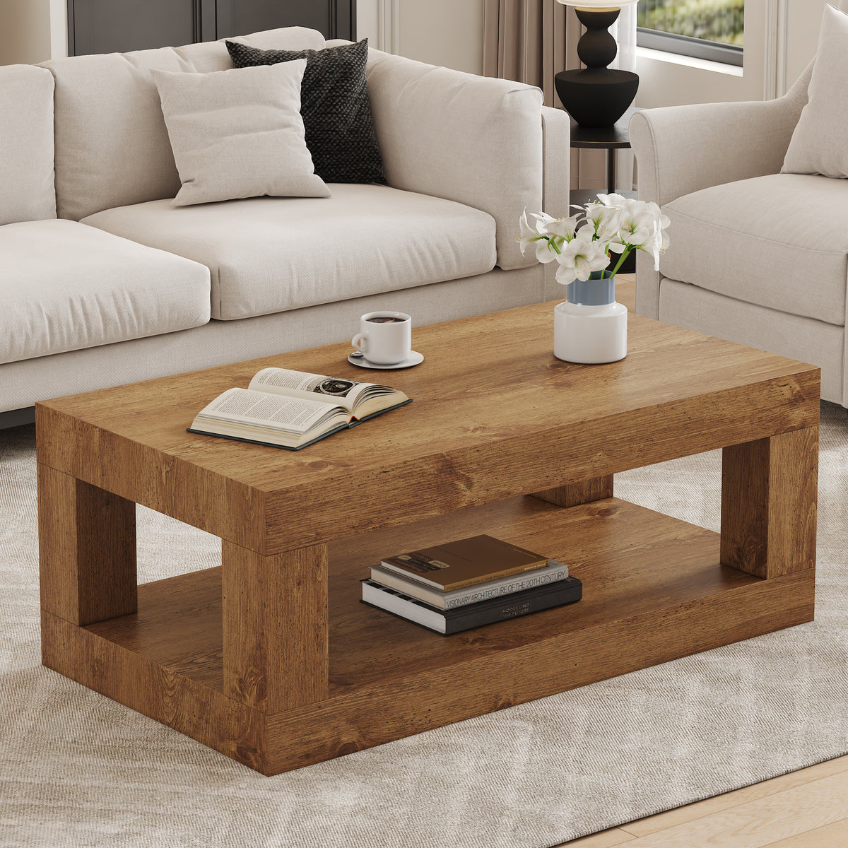Oak Wood-Grain Chunky Rectangular Coffee Table with Shelf, 39.5 in