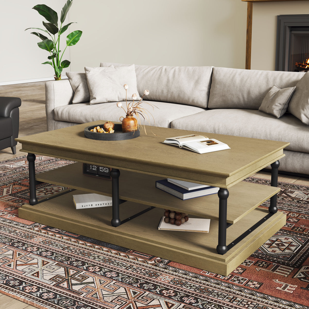 Oak and Black Rectangular Coffee Table with Shelves, 55.1 in
