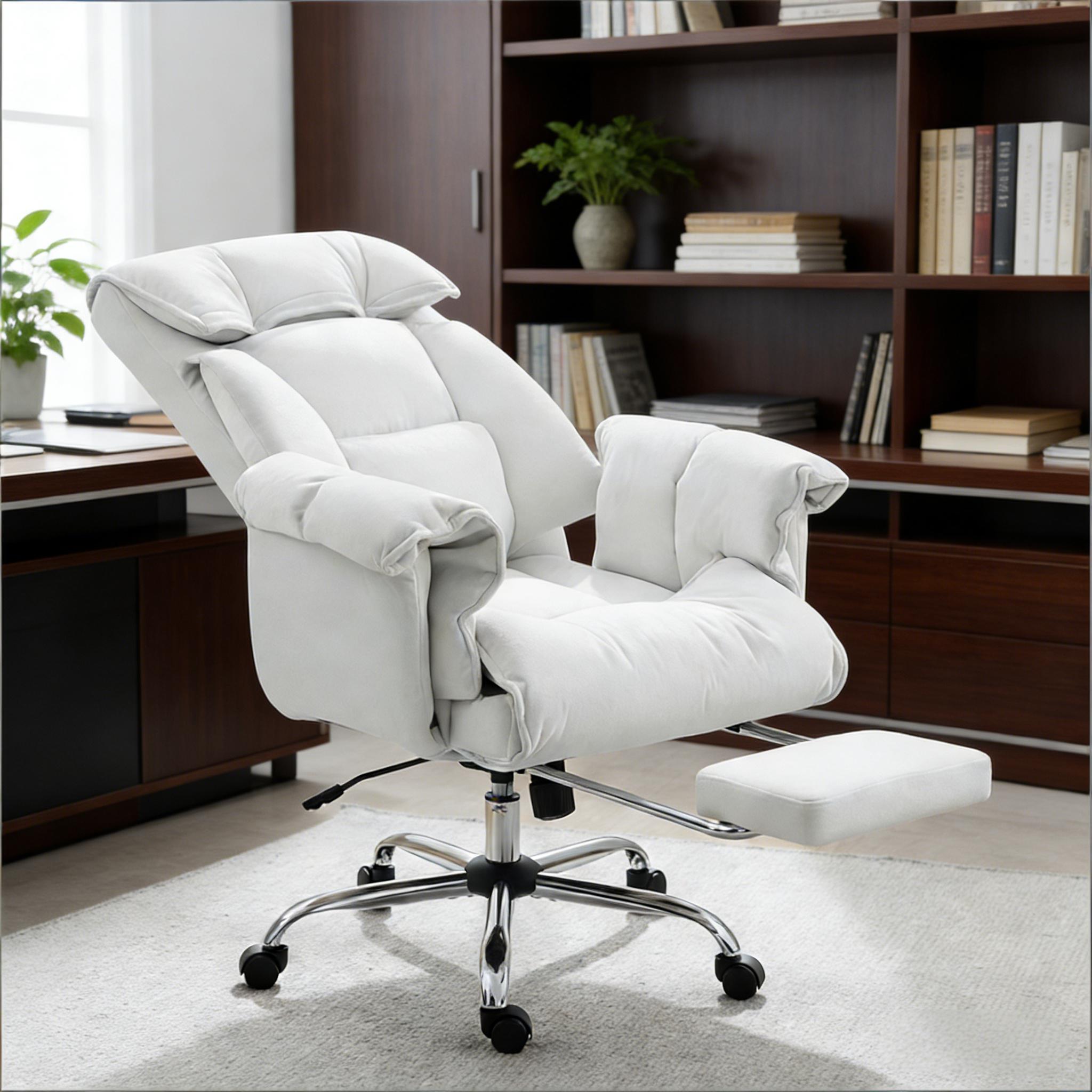Cream White Fabric Office Chair, Footrest, Reclining, 265 lb