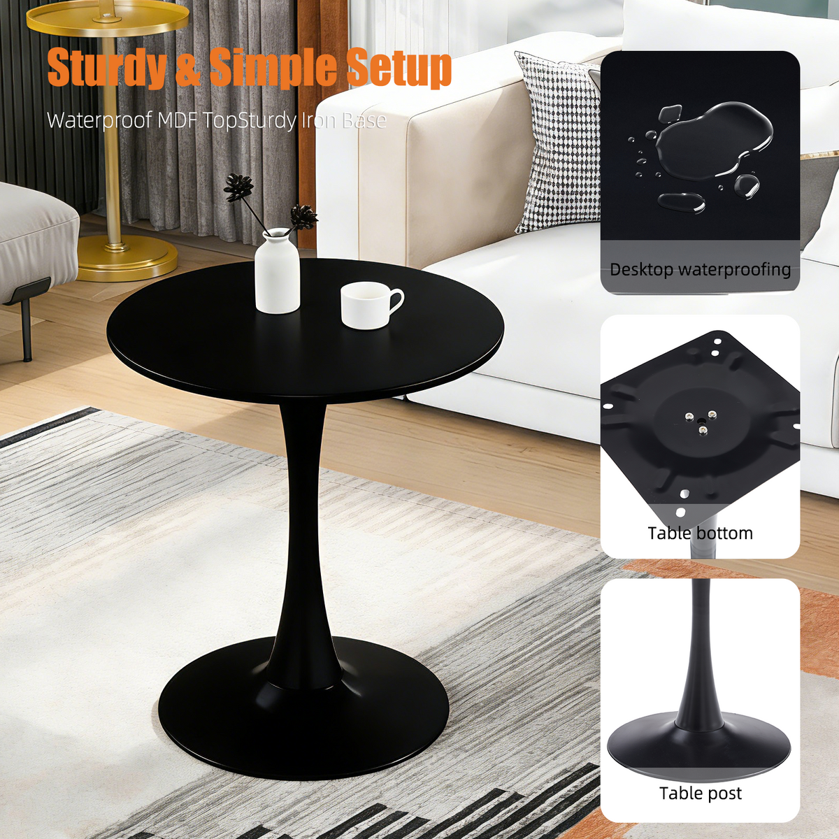 Feature graphic showing the black bistro table waterproof MDF top and sturdy iron base