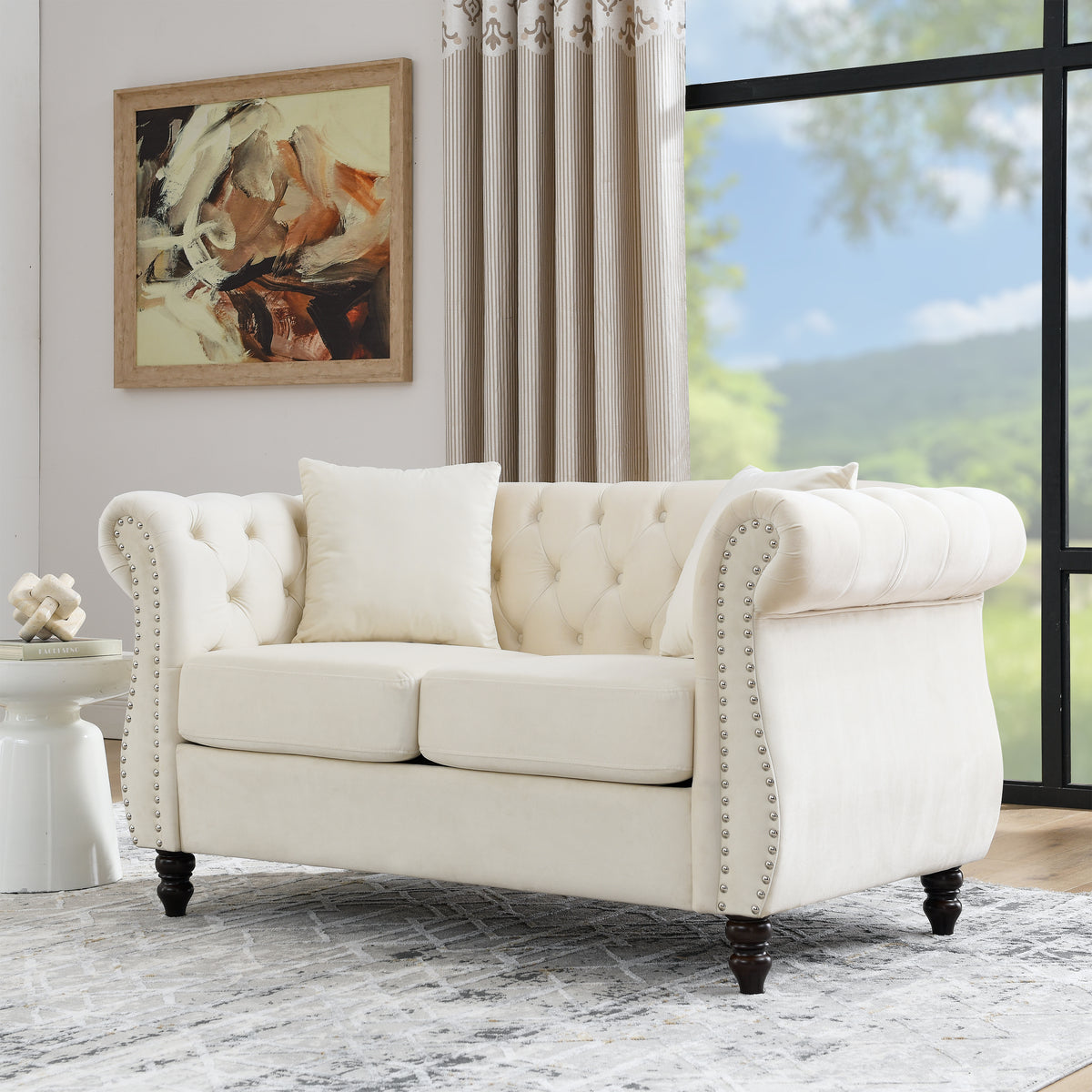 Beige Velvet 2-Seat Tufted Chesterfield Sofa