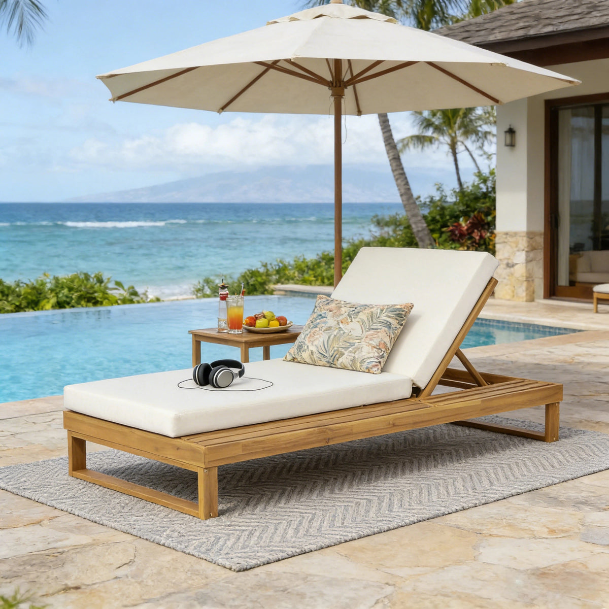 Teak Finish Solid Wood Outdoor Chaise Lounge, Cream Cushion, 2-Fold Cushion