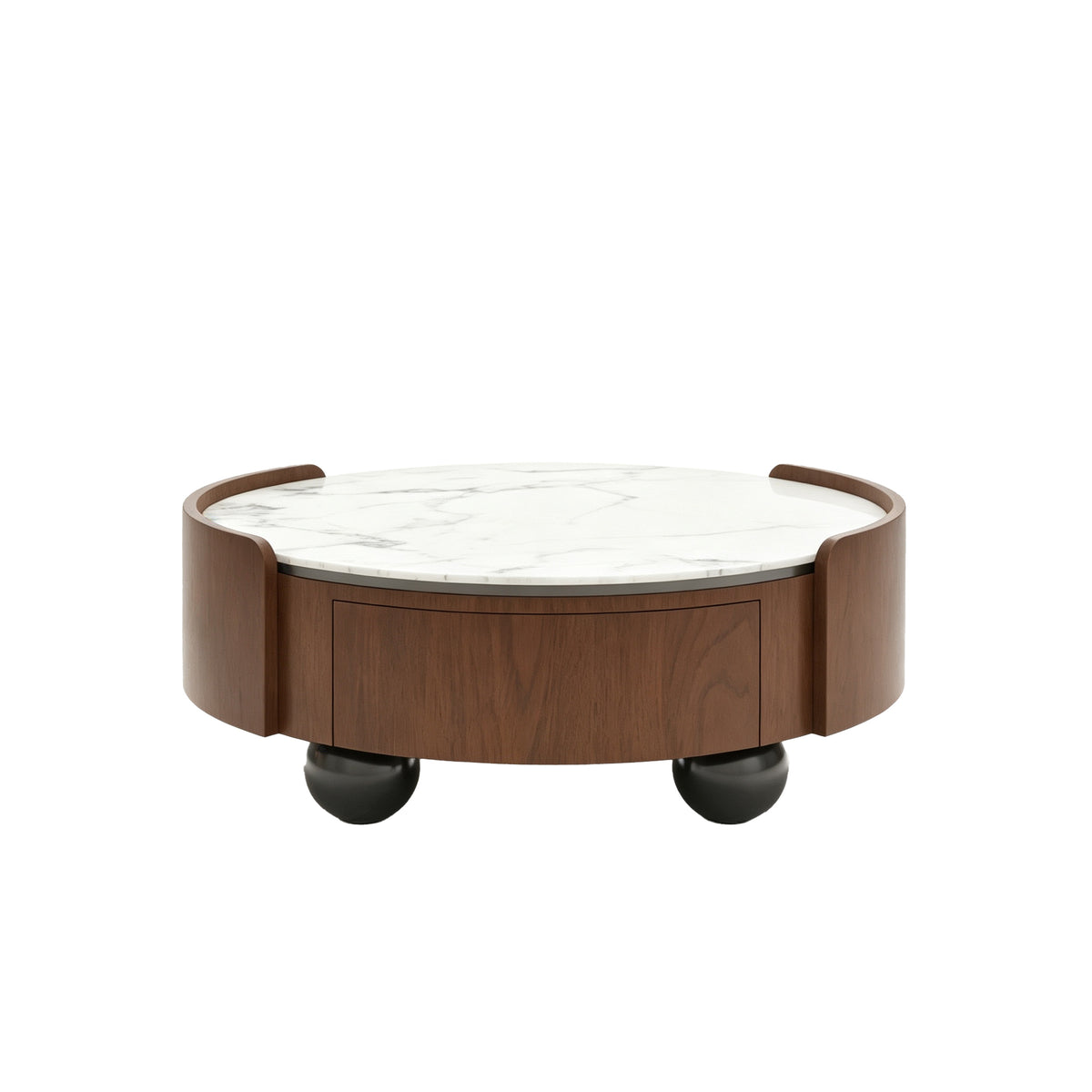Walnut and White Marble-Look Round Coffee Table with Storage, 35.4 in