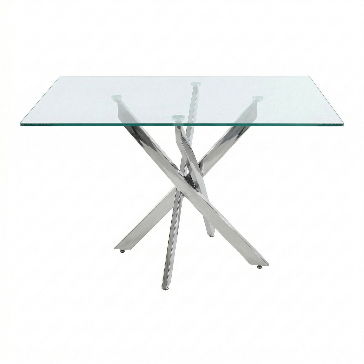 Front studio view of the glass dining table with silver starburst legs