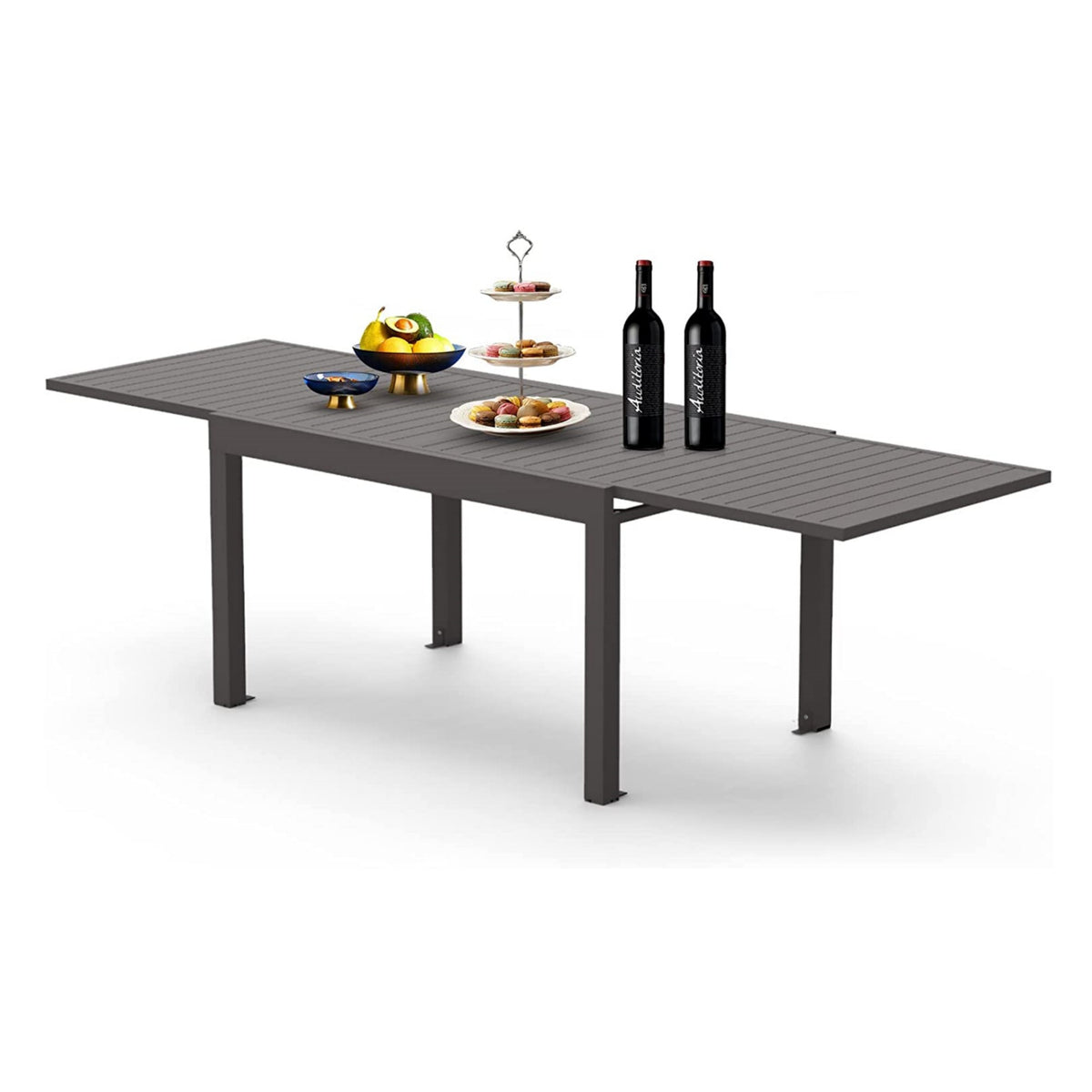 Dark Brown Aluminum Rectangular Outdoor Dining Table Extendable, 106.3 in Wide