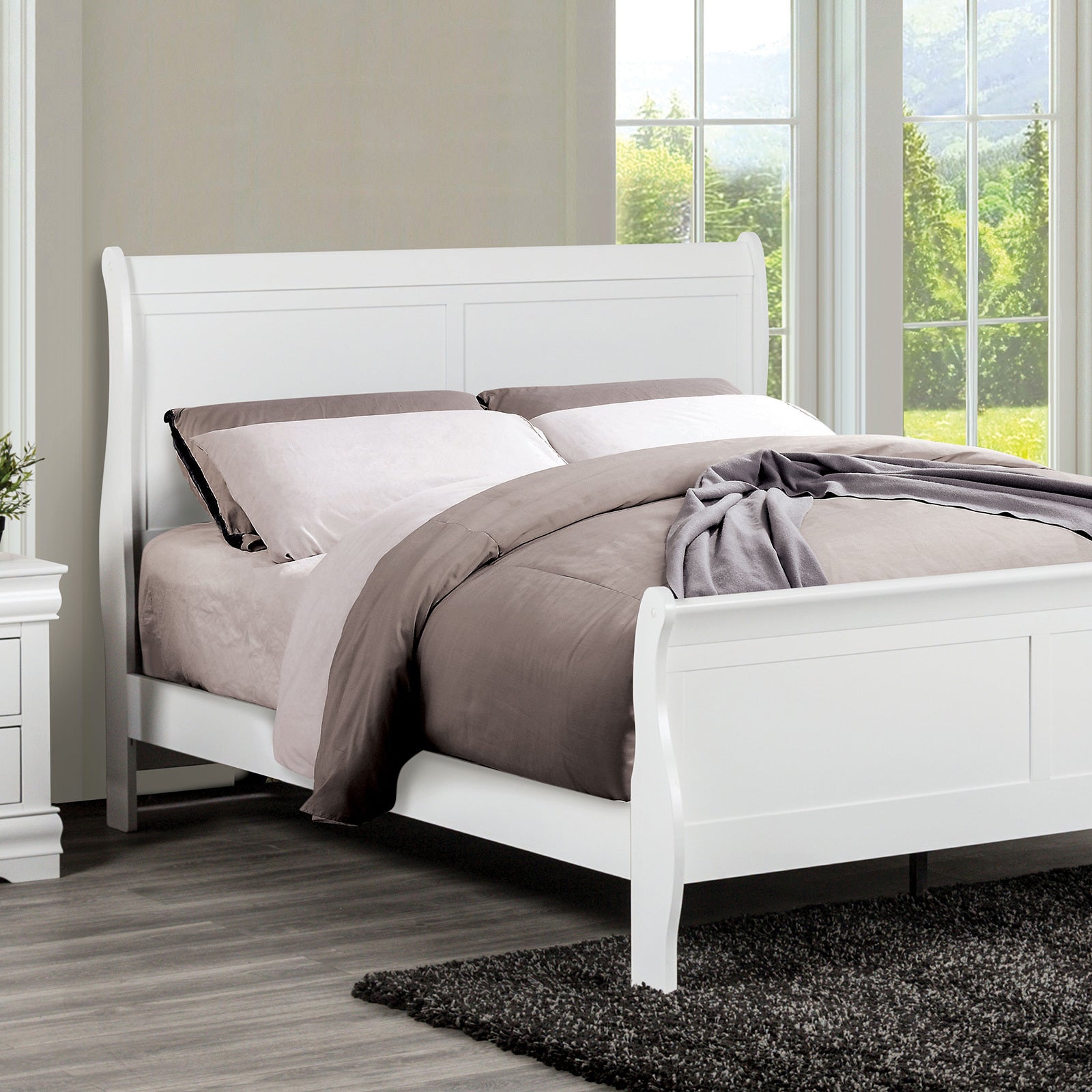 Queen Sleigh Bed Frame, Solid Wood with Storage Drawers, White