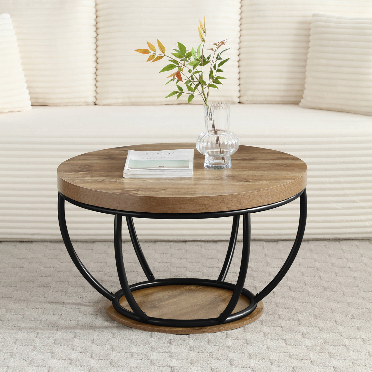 Oak and Black Industrial Round Coffee Table with Shelf, 31 in