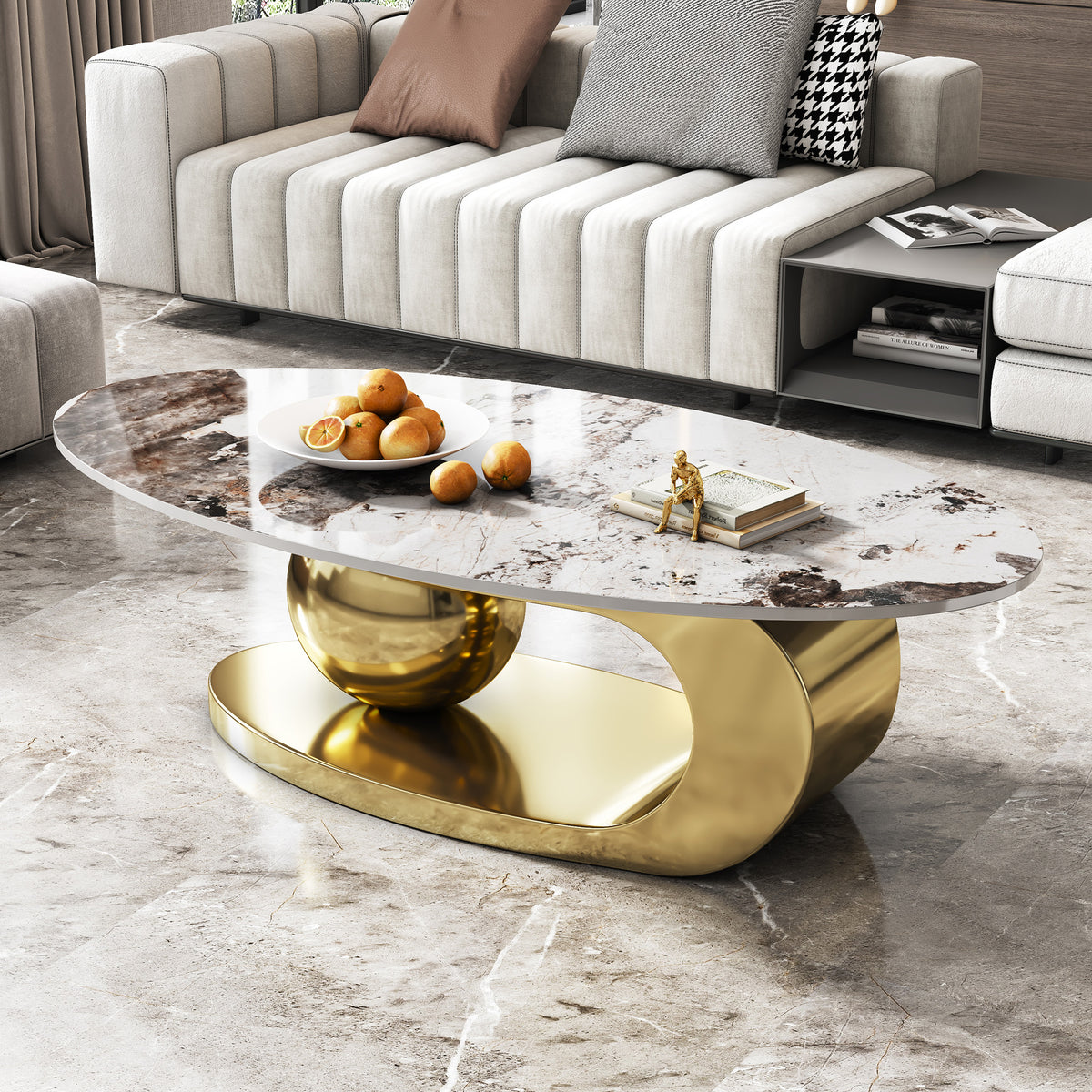 Brown-Veined Sintered Stone Oval Coffee Table with Gold Ball Base, 49.2 in