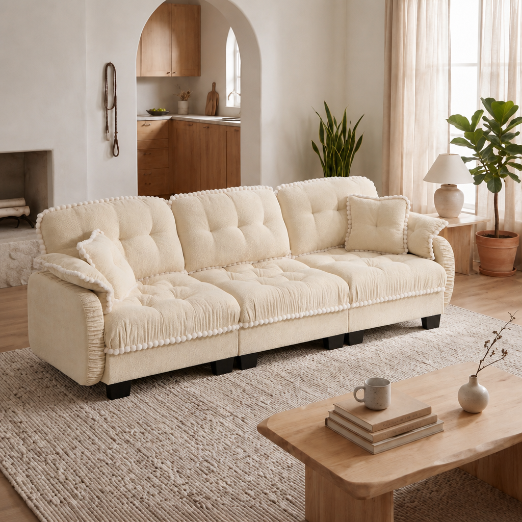 Cream Tufted Chenille 3-Seat Couch