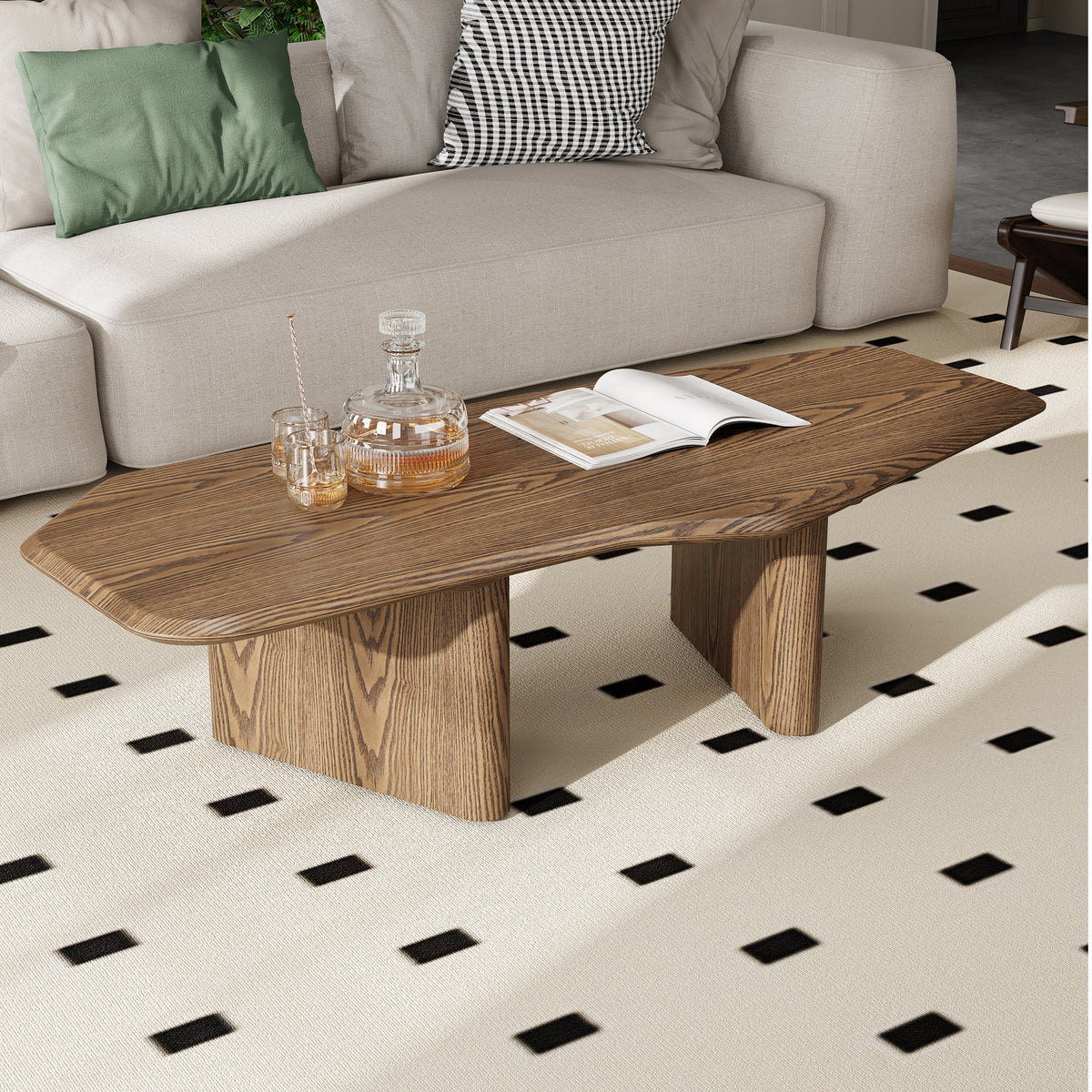 Walnut Wood Veneer Free-Form Coffee Table, 47.2 in