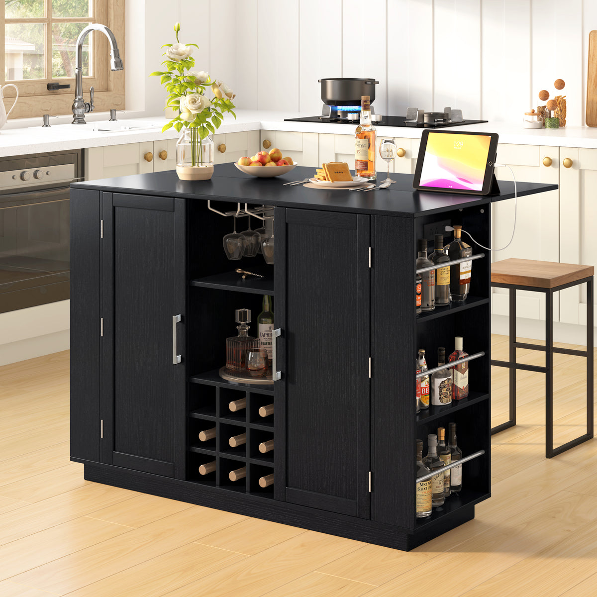 Counter-Height Kitchen Island, Black, Drop-Leaf Top and Wine Rack