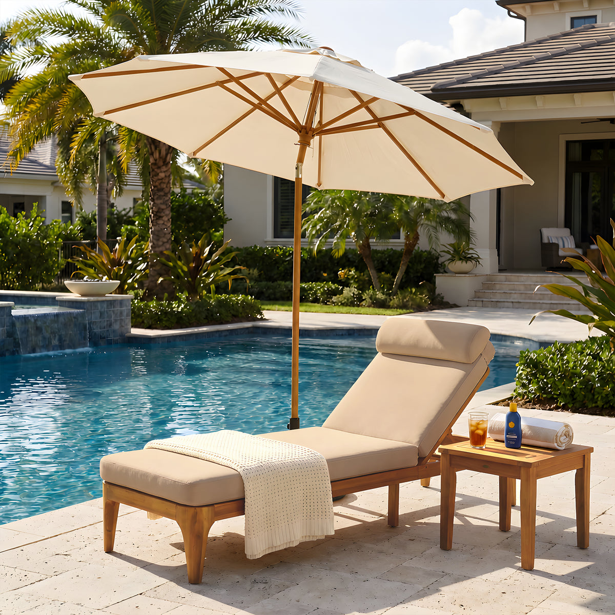 Solid Wood Adjustable Outdoor Chaise Lounge with Brown Cushions