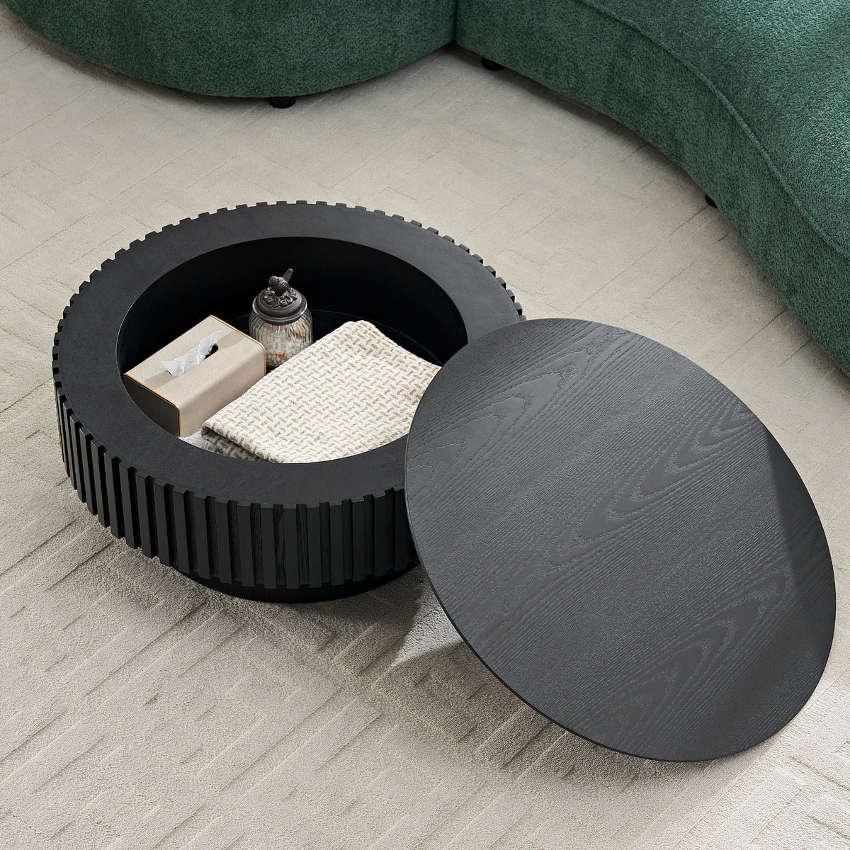 Black Slatted Round Pedestal Coffee Table with Storage, 31.5 in