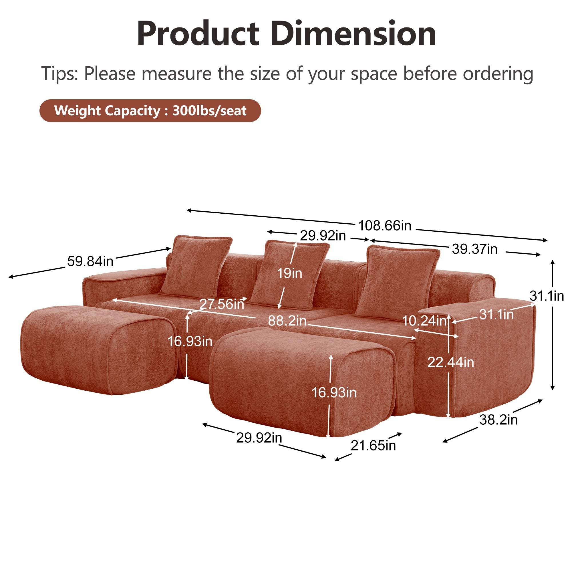 Seneca 3-Seat Boneless Couch in Terracotta #OttOnly_2 #Color_Terracotta