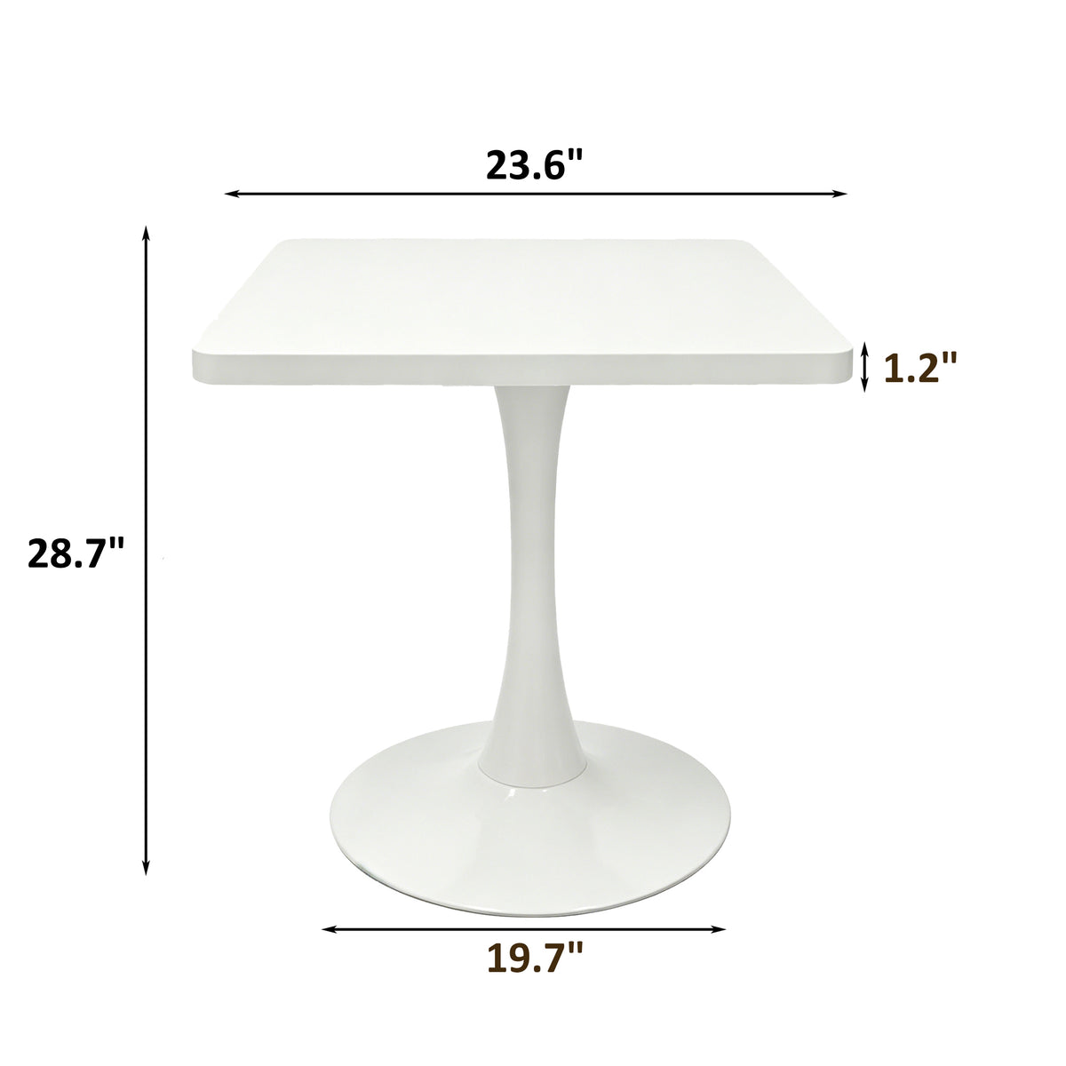 Dimension diagram of the white square tulip bistro table showing 23.6 in wide, 19.7 in deep, 28.7 in tall, 1.2 in top