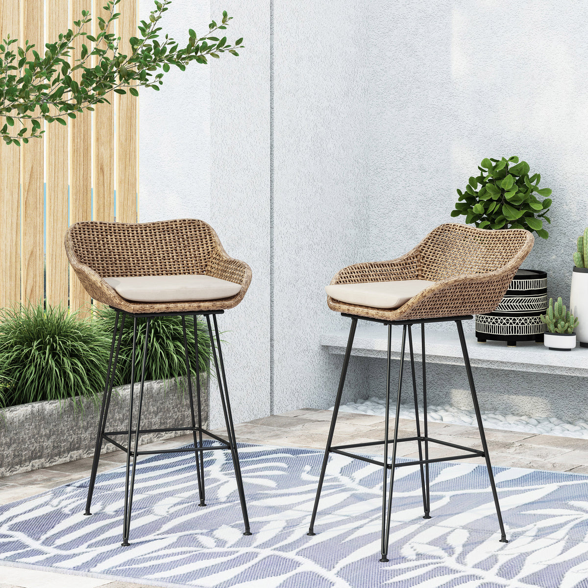 Brown Wicker Outdoor Bar Stool with Cushions, Set of 2, 29.3 in Seat