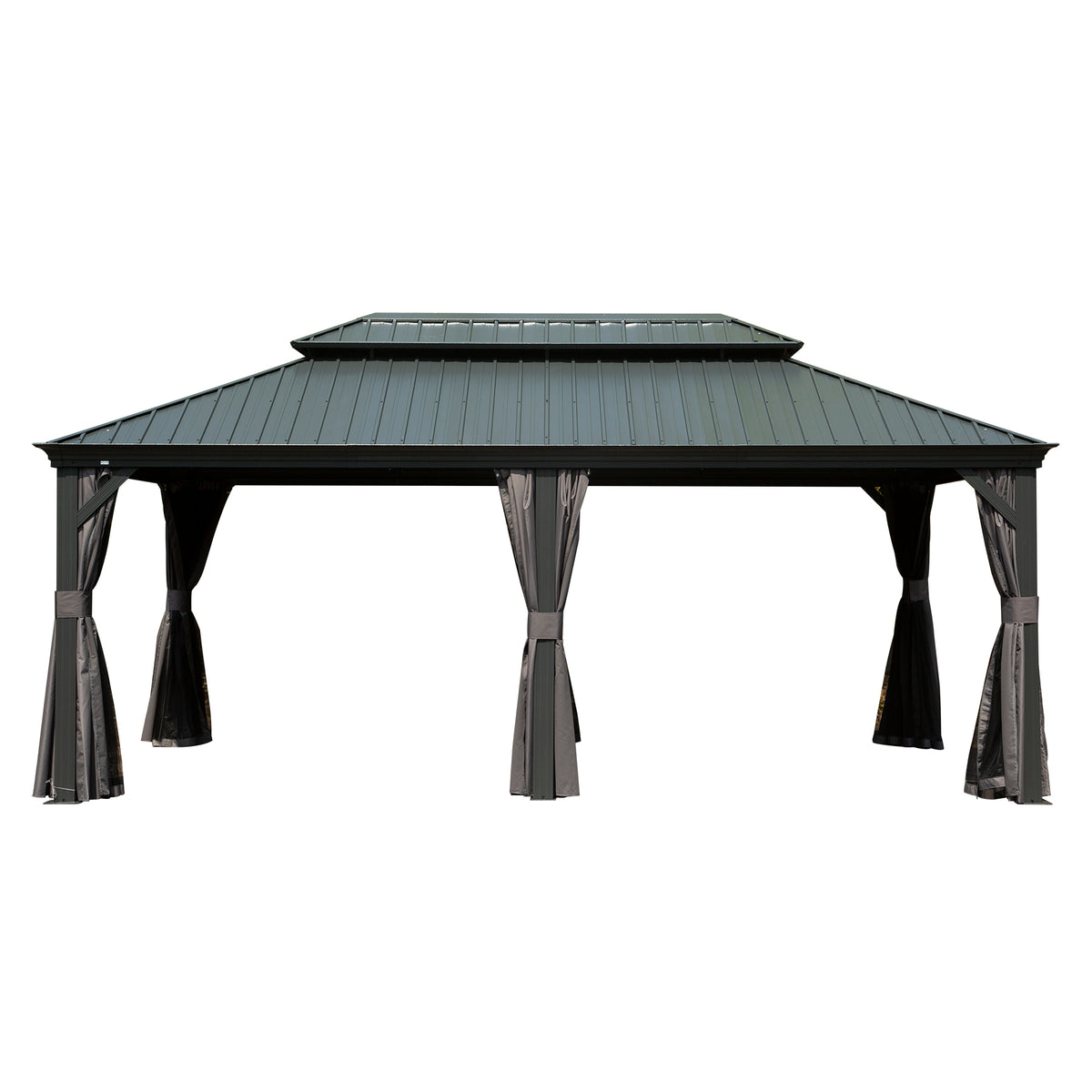 Gray Aluminum Double Roof Hardtop Gazebo with Netting and Curtains