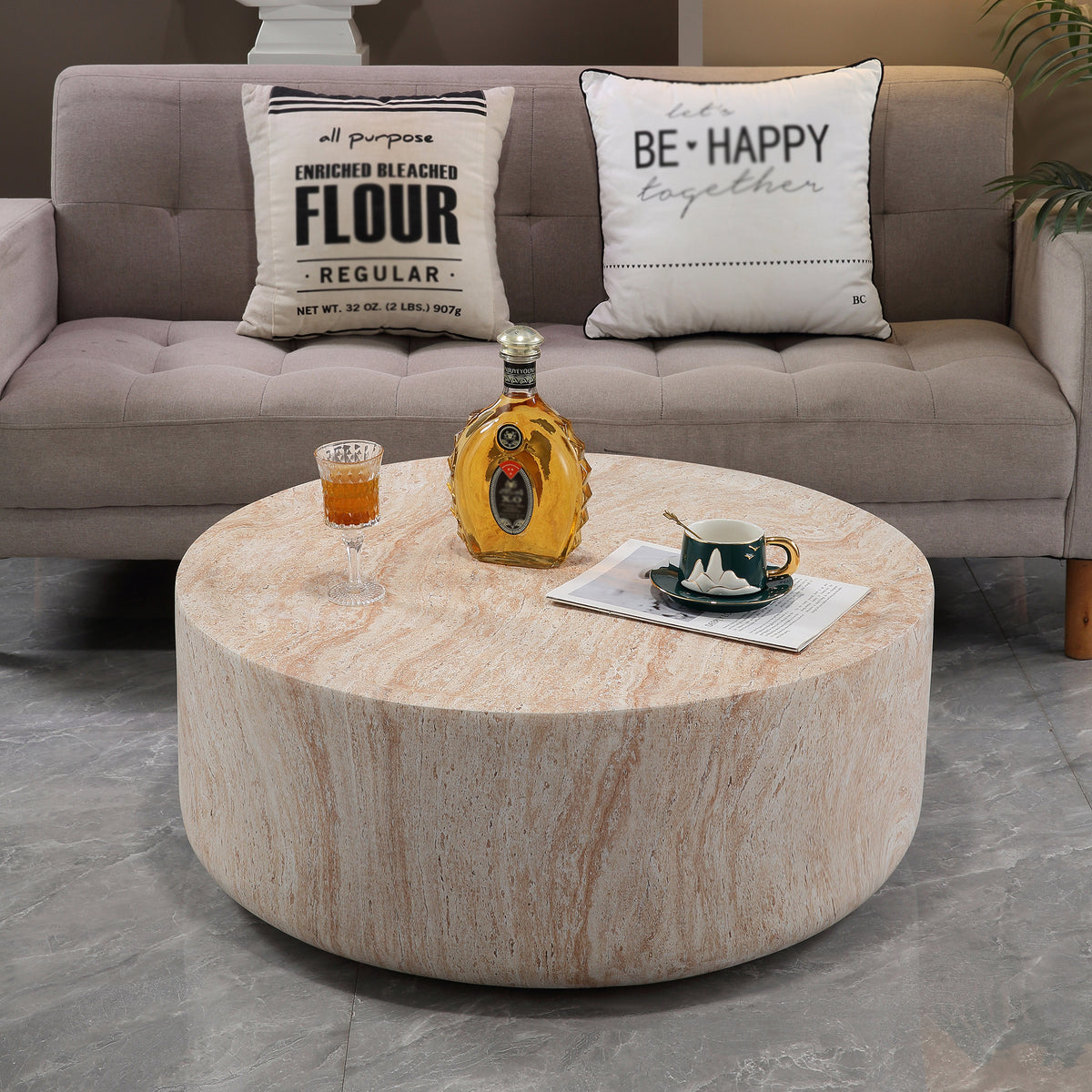 Beige Travertine-Look Round Drum Coffee Table, 31.9 in