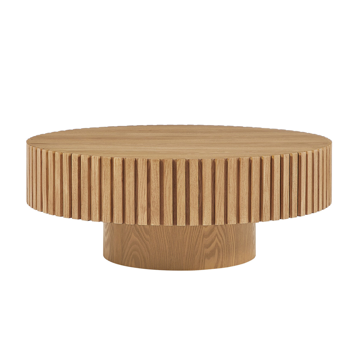 Natural Fluted Round Pedestal Coffee Table, 35.4 in