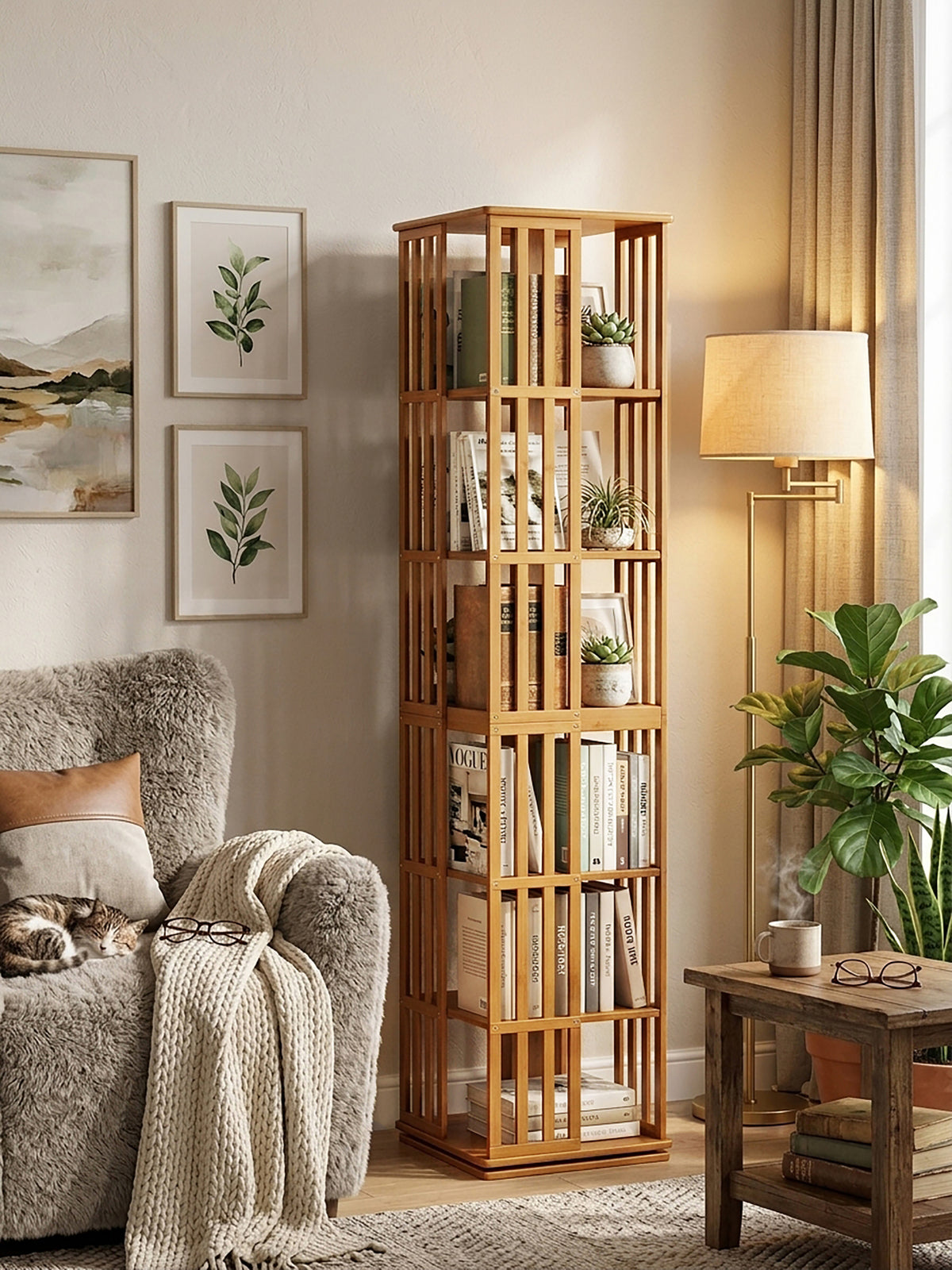 Modern Bamboo Bookcase, 6 Shelves, 70 in Tall, Brown