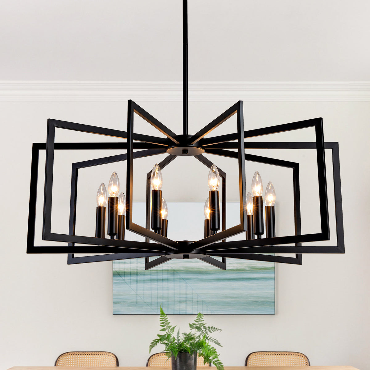 Tiered Lantern Chandelier, 10-Light Industrial Metal, Matte Black