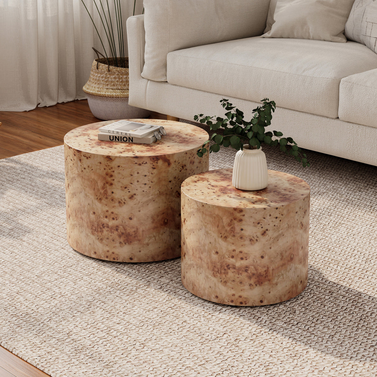 Natural Burl Wood Round Drum Nesting Tables, Set of 2, 19 in