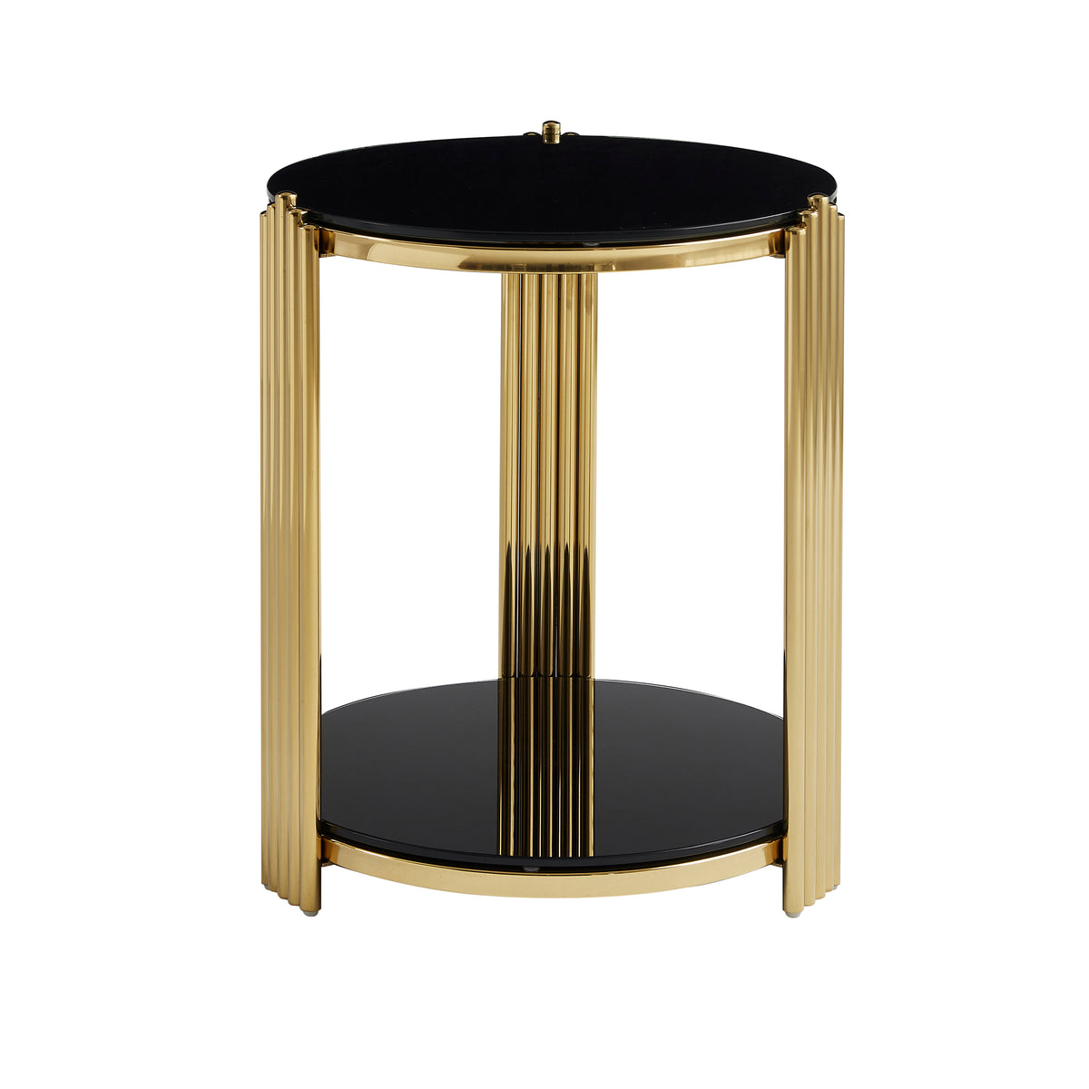 Black and Gold Fluted Glass-Top Round Side Table with Shelf, 16.9 in