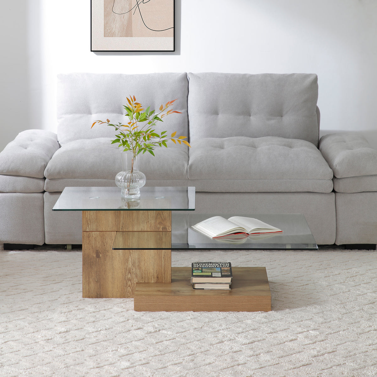 Natural Glass-Top Three-Tier Rectangular Coffee Table, 43.7 in