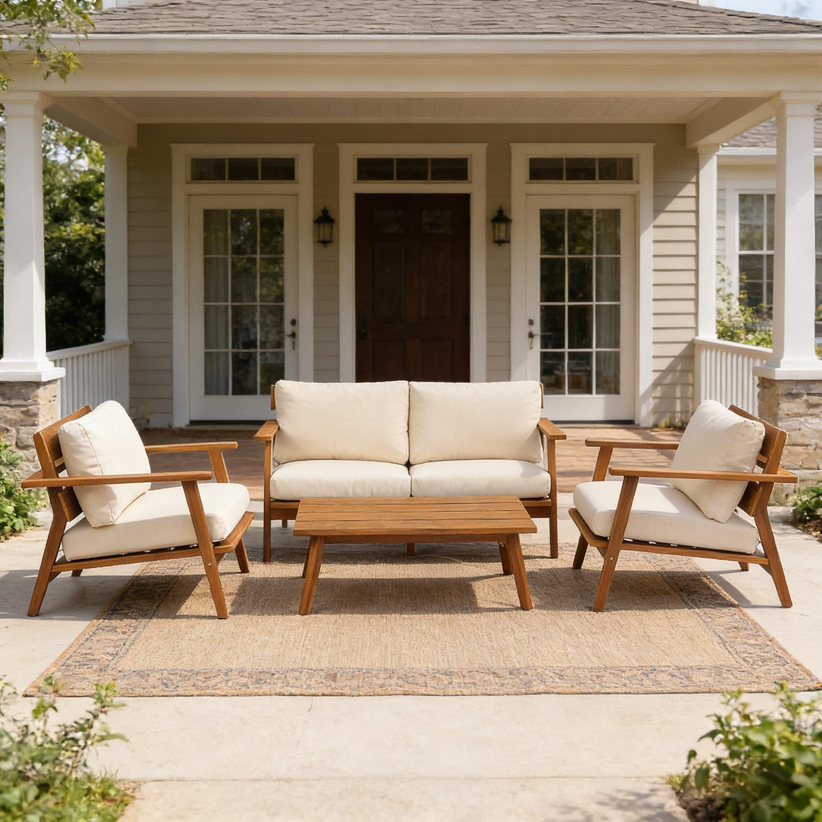 Teak Finish Solid Wood 4-Piece Outdoor Sofa Set